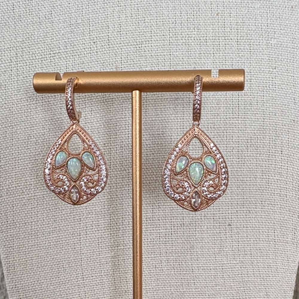 Lab Grown Opal White Sapphire Dangle Earrings Rose Gold over Sterling Pierced